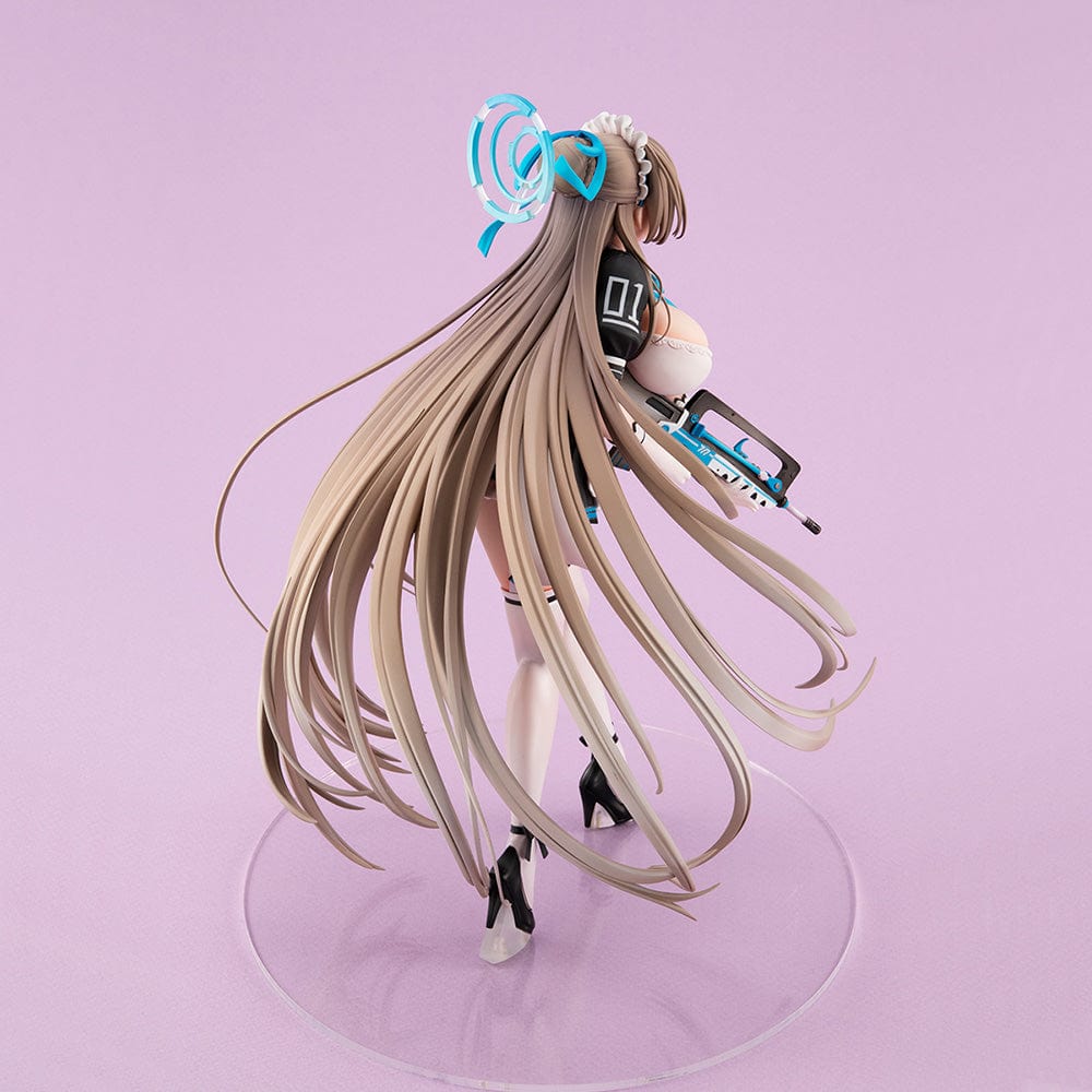 Blue Archive Lucrea Asuna Figure in maid outfit holding weapon, standing with flowing hair and detailed black and white uniform.