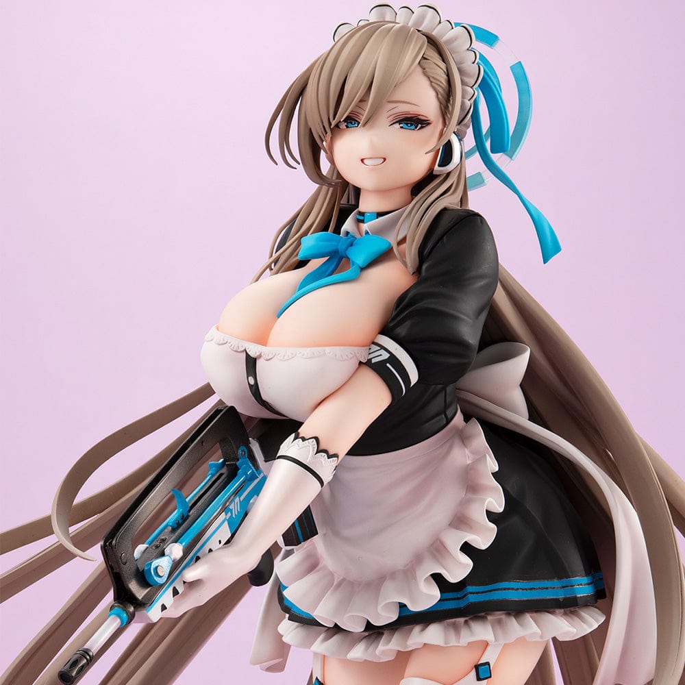 Blue Archive Lucrea Asuna Figure in maid outfit holding weapon, standing with flowing hair and detailed black and white uniform.