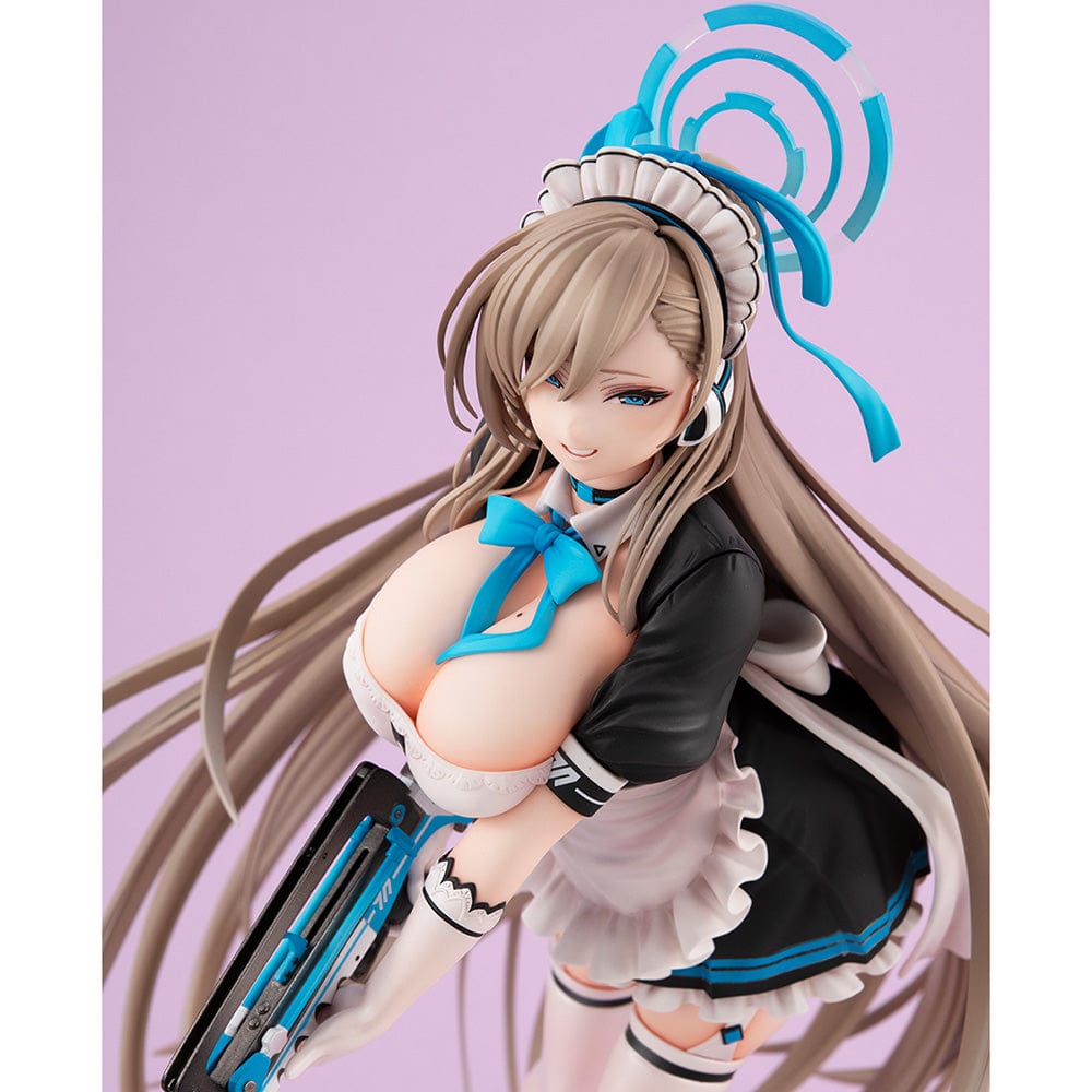 Blue Archive Lucrea Asuna Figure in maid outfit holding weapon, standing with flowing hair and detailed black and white uniform.