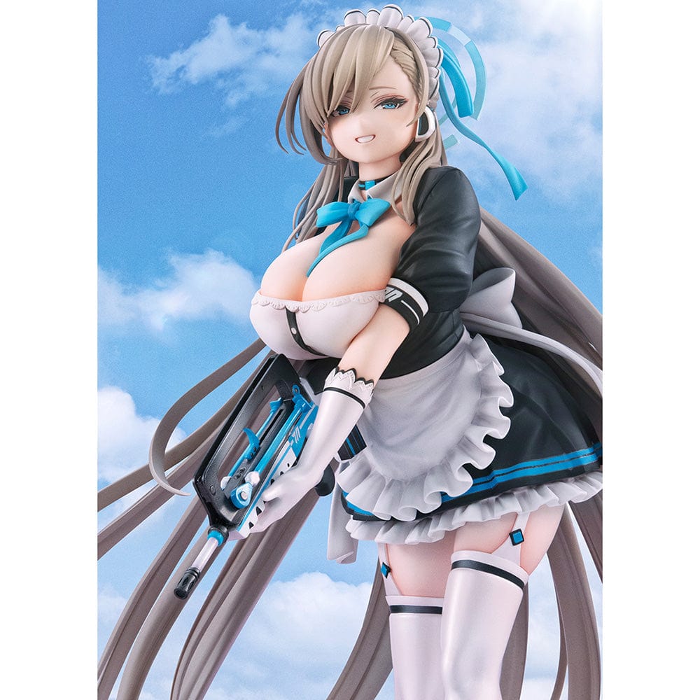 Blue Archive Lucrea Asuna Figure in maid outfit holding weapon, standing with flowing hair and detailed black and white uniform.