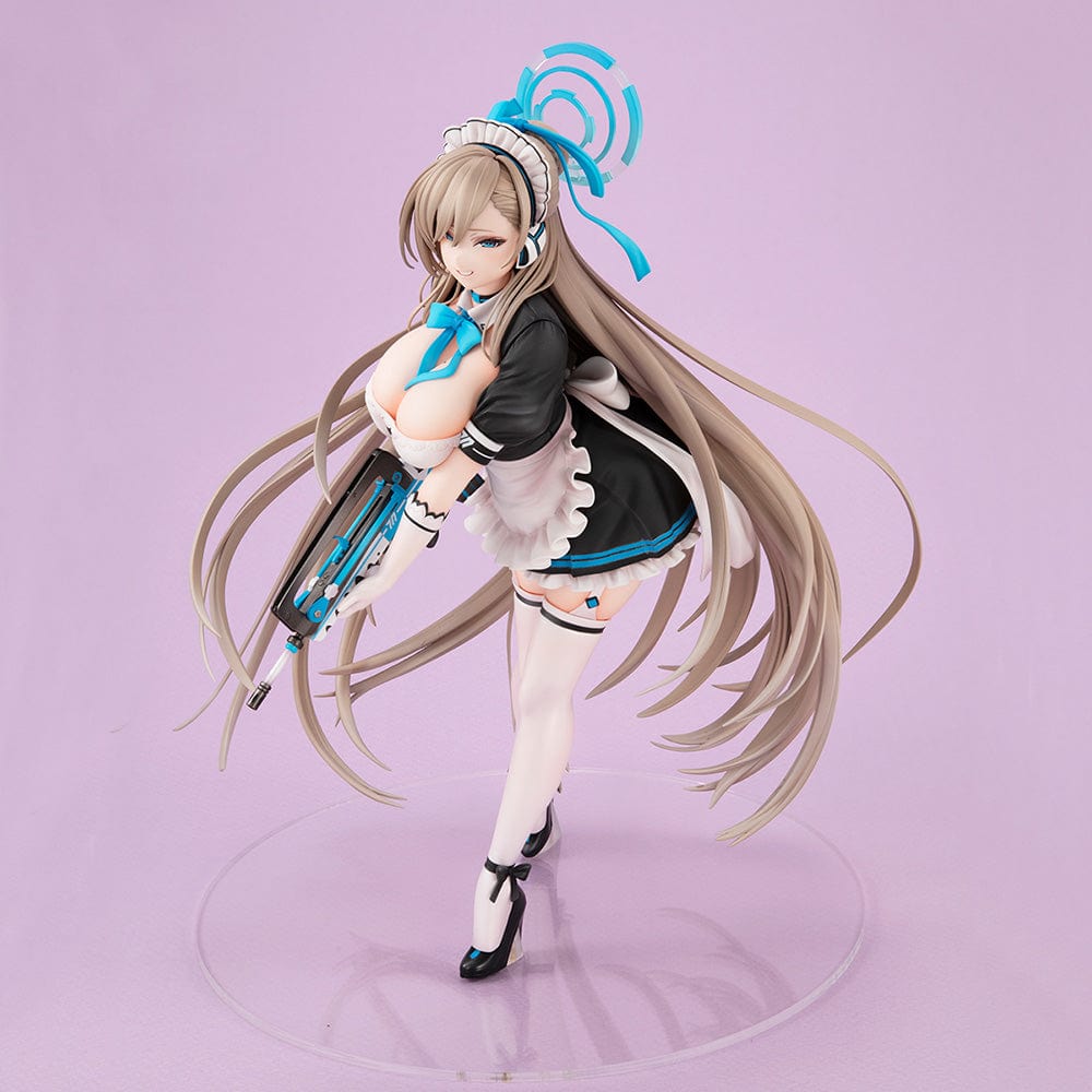 Blue Archive Lucrea Asuna Figure in maid outfit holding weapon, standing with flowing hair and detailed black and white uniform.