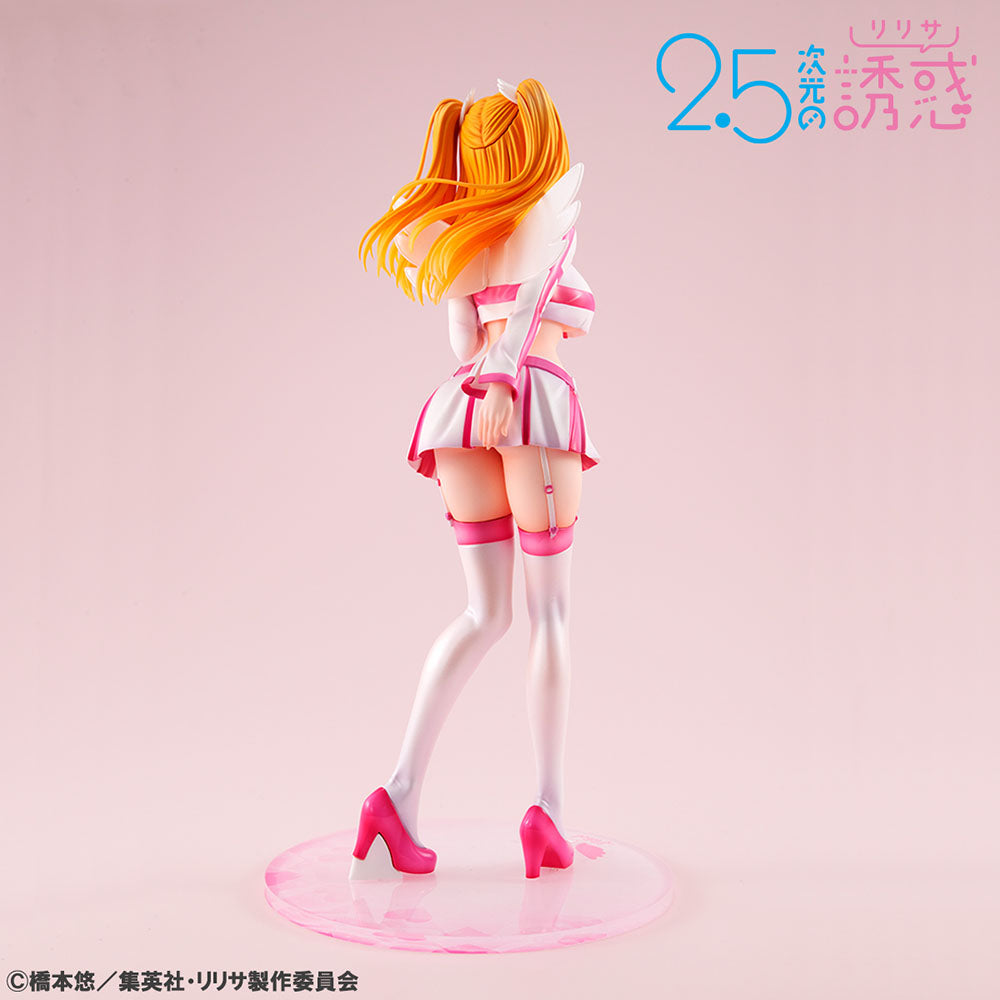 "2.5 Dimensional Seduction Lucrea Ririsa Liliel Figure - Detailed anime figure of Ririsa Liliel in a seductive outfit with angelic wings, pink accents, and a playful pose."