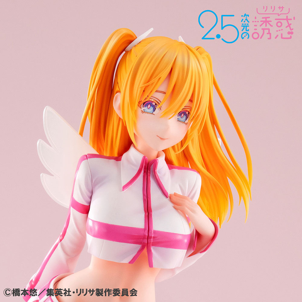 "2.5 Dimensional Seduction Lucrea Ririsa Liliel Figure - Detailed anime figure of Ririsa Liliel in a seductive outfit with angelic wings, pink accents, and a playful pose."