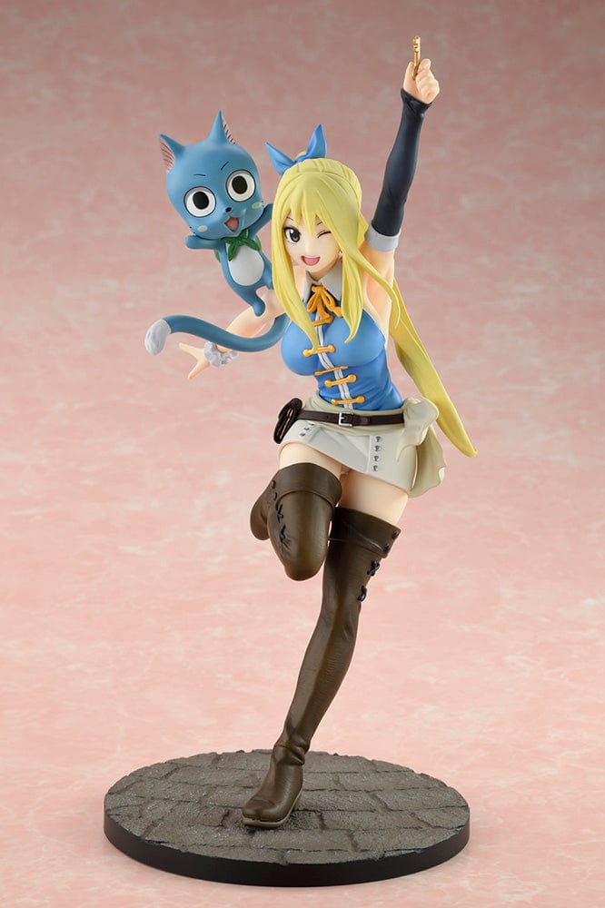 Fairy Tail: Final Season Lucy Heartfilia (Wink Ver.) 1/8 Scale Figure featuring Lucy holding a celestial key and Happy floating beside her, standing on a textured stone base.