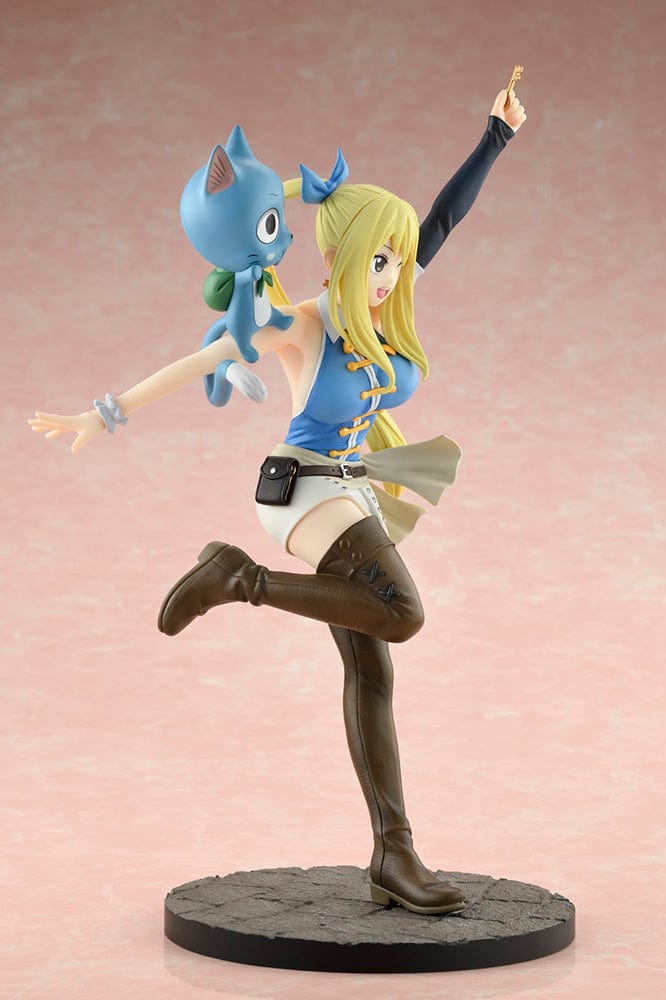 Fairy Tail: Final Season Lucy Heartfilia (Wink Ver.) 1/8 Scale Figure featuring Lucy holding a celestial key and Happy floating beside her, standing on a textured stone base.