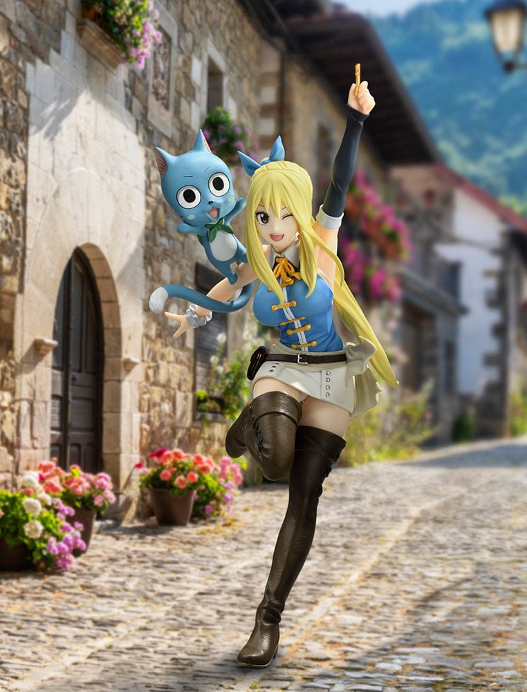 Fairy Tail: Final Season Lucy Heartfilia (Wink Ver.) 1/8 Scale Figure featuring Lucy holding a celestial key and Happy floating beside her, standing on a textured stone base.