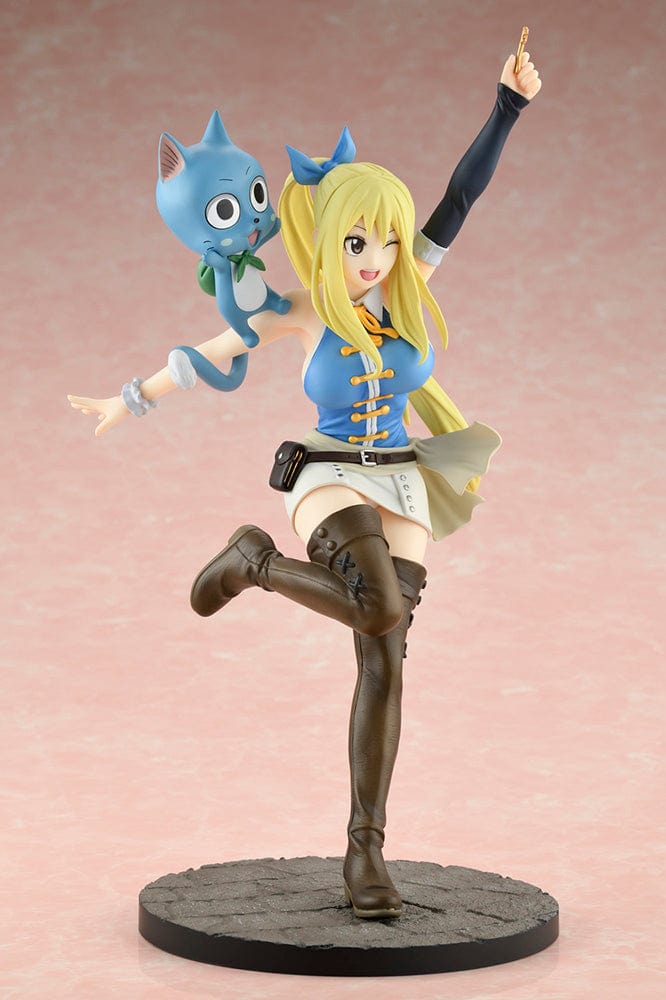 Fairy Tail: Final Season Lucy Heartfilia (Wink Ver.) 1/8 Scale Figure featuring Lucy holding a celestial key and Happy floating beside her, standing on a textured stone base.