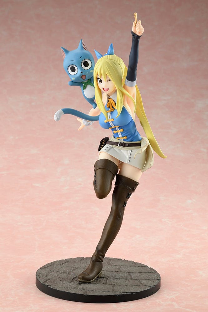 Fairy Tail: Final Season Lucy Heartfilia (Wink Ver.) 1/8 Scale Figure featuring Lucy holding a celestial key and Happy floating beside her, standing on a textured stone base.