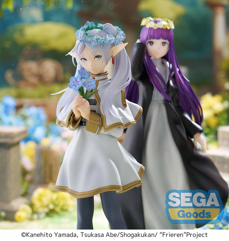 Frieren: Beyond Journey's End Luminasta Frieren (Flower Garden) Figure featuring Frieren in a white and gold-trimmed dress, holding a bouquet of flowers, with a floral crown and hexagonal grass base, set against a white background.