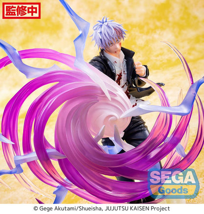Jujutsu Kaisen Satoru Gojo Luminasta Figure, showcasing the sorcerer in mid-action with swirling energy of Hollow Purple technique, reflecting his unmatched power and the calm command he holds over his cursed abilities.