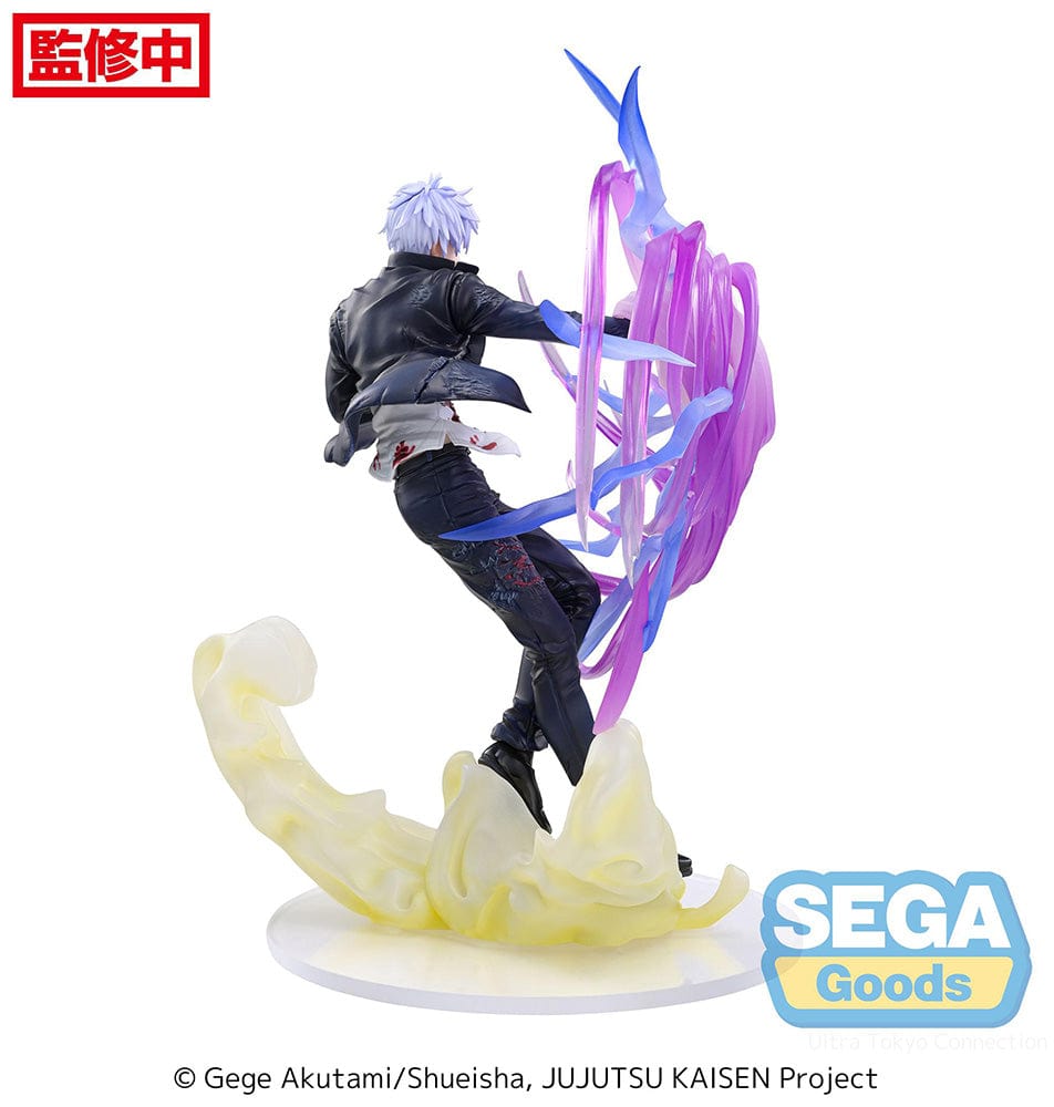Jujutsu Kaisen Satoru Gojo Luminasta Figure, showcasing the sorcerer in mid-action with swirling energy of Hollow Purple technique, reflecting his unmatched power and the calm command he holds over his cursed abilities.
