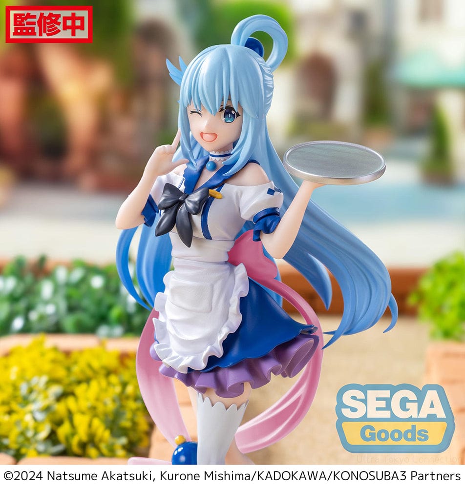 Vibrant KonoSuba Luminasta Aqua figure in her Season 3 attire, featuring her bright blue hair and a cheerful pose with a serving tray, set against a lush, grassy base with floral accents.