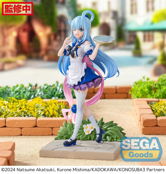 Vibrant KonoSuba Luminasta Aqua figure in her Season 3 attire, featuring her bright blue hair and a cheerful pose with a serving tray, set against a lush, grassy base with floral accents.