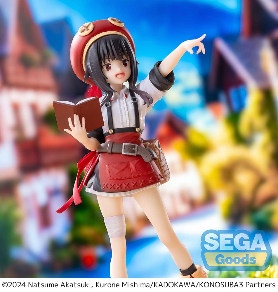 KonoSuba Luminasta Megumin figure in Season 3 version, wearing a red hat and outfit while holding a spellbook, standing on a base with greenery and flowers, as seen against a white background.