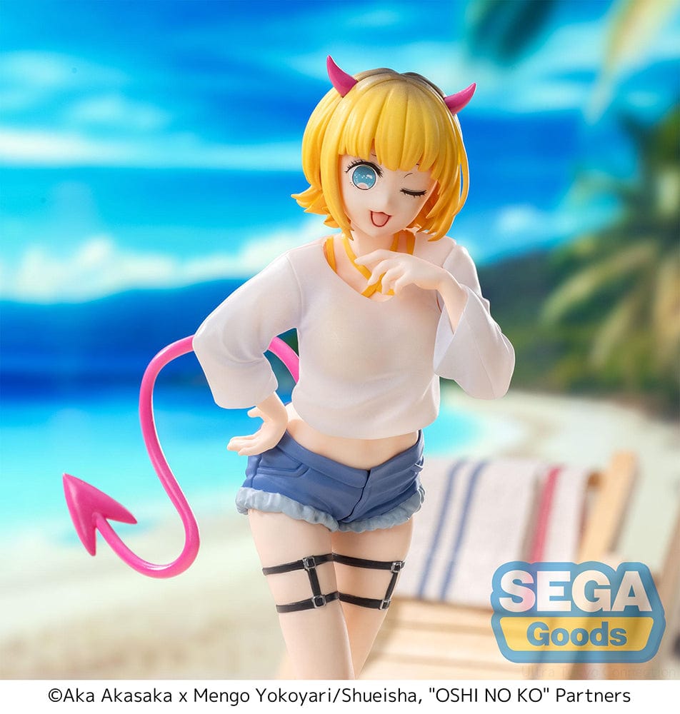 Oshi no Ko Luminasta MEMcho Figure featuring a character with blonde hair and devil horns, winking playfully with a pink tail, wearing a white crop top, denim shorts, and garter belt.