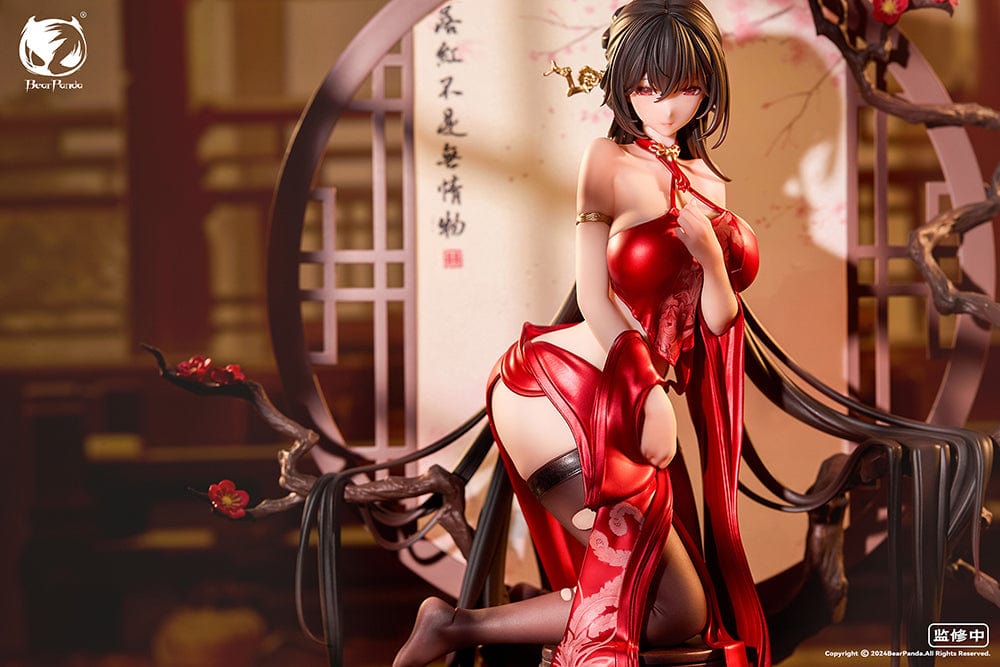 Luo Hong 1/6 scale figure in an elegant red outfit, posed gracefully with a cherry blossom backdrop, featuring detailed accessories and traditional elements