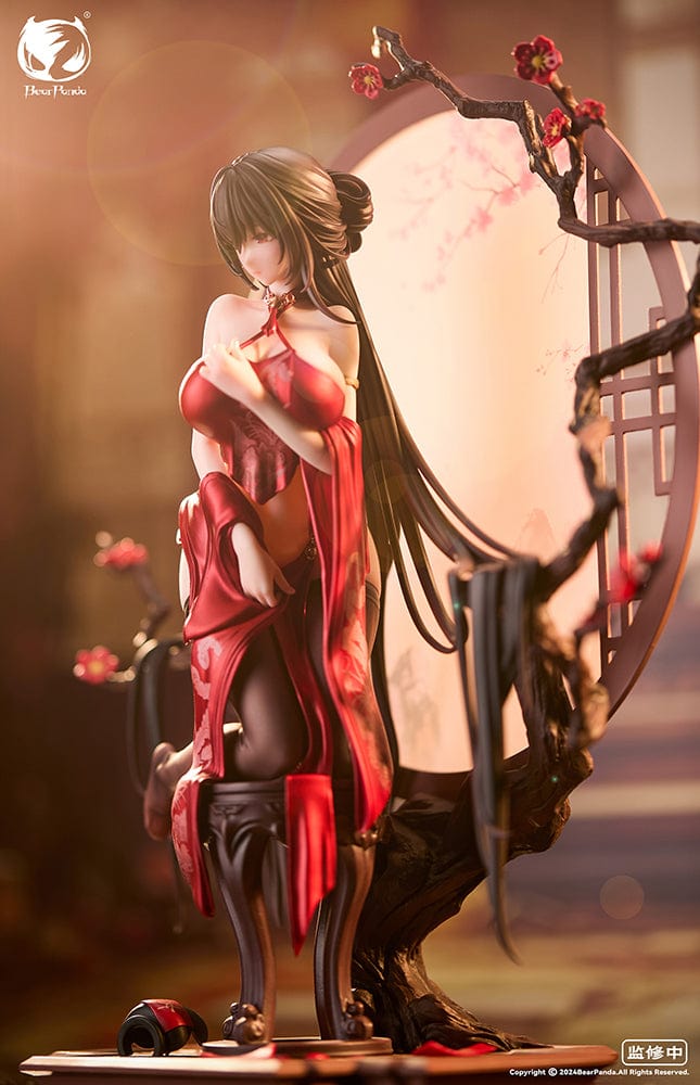 Luo Hong 1/6 scale figure in an elegant red outfit, posed gracefully with a cherry blossom backdrop, featuring detailed accessories and traditional elements