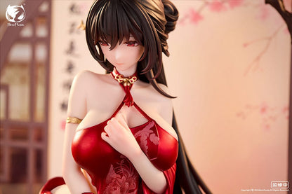 Luo Hong 1/6 scale figure in an elegant red outfit, posed gracefully with a cherry blossom backdrop, featuring detailed accessories and traditional elements