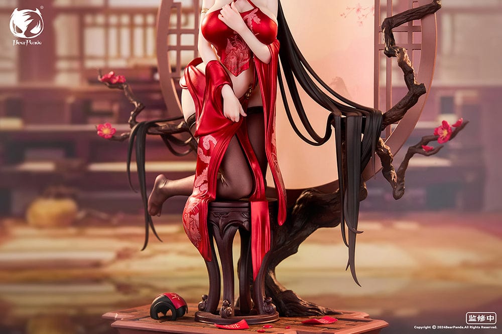 Luo Hong 1/6 scale figure in an elegant red outfit, posed gracefully with a cherry blossom backdrop, featuring detailed accessories and traditional elements