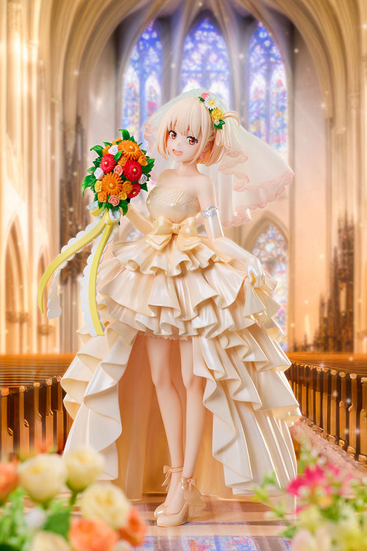 Lycoris Recoil Chisato Nishikigi (Wedding Dress Ver.) 1/7 Scale Figure holding a colorful bouquet, wearing an elegant layered ruffle wedding dress.