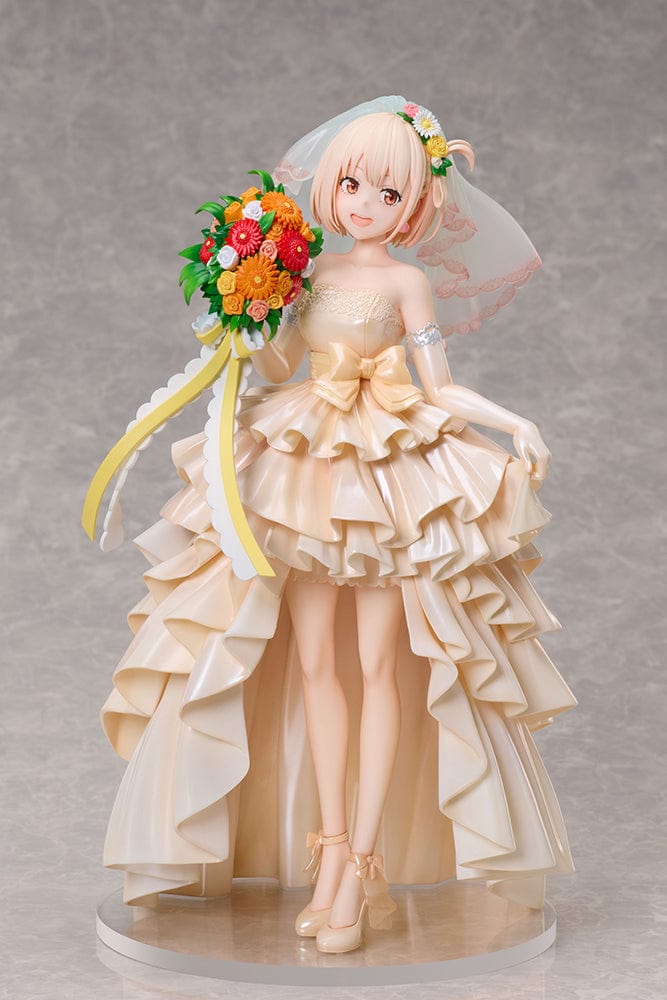 Lycoris Recoil Chisato Nishikigi (Wedding Dress Ver.) 1/7 Scale Figure holding a colorful bouquet, wearing an elegant layered ruffle wedding dress.