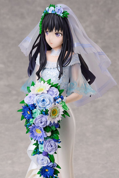 Lycoris Recoil Takina Inoue (Wedding Dress Ver.) 1/7 Scale Figure holding an elegant bouquet of blue and white flowers, wearing a flowing lace and ruffle wedding dress.