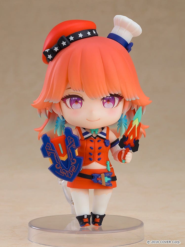 Nendoroid Takanashi Kiara from Hololive Production in her Phoenix-inspired outfit, holding her shield and sword, with a cheerful expression.