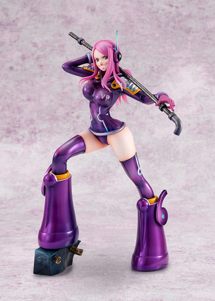 One Piece Portrait of Pirates Evolutionary History Jewelry Bonney figure, featuring Bonney in a dynamic pose with a purple outfit and pink hair, holding a firearm, on a themed base.