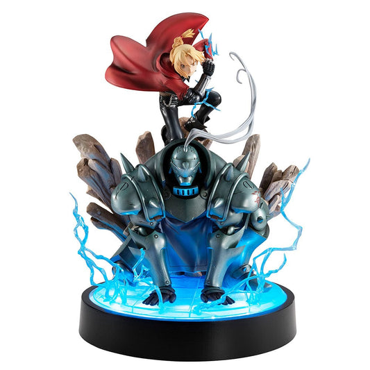 Fullmetal Alchemist: Brotherhood's 15th Anniversary Precious G.E.M. figure of Edward and Alphonse Elric, with Edward on top of Alphonse's armored form, both intricately detailed and set upon a light-up blue transmutation circle base, embodying the iconic and emotional narrative of the series.