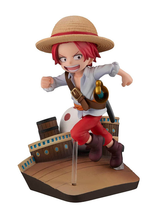 One Piece G.E.M. Series Shanks (RUN! RUN! RUN! Ver.) figure mid-run on a ship deck, with a straw hat, red hair, and determined expression.