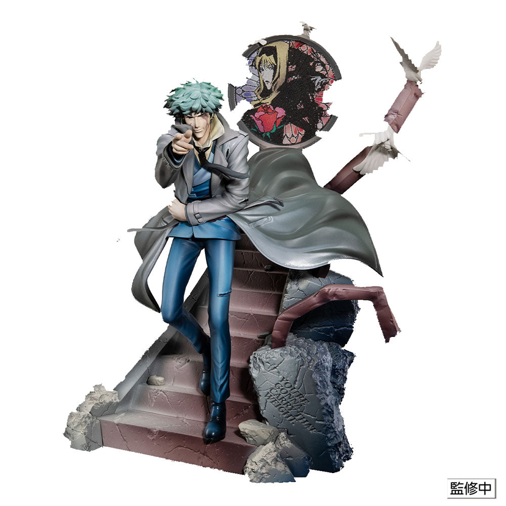"Cowboy Bebop Spike Spiegel 2nd Gig (Daybreak) Figure - Detailed anime figure of Spike Spiegel in his iconic suit and trench coat, standing poised with a gun on a staircase base with broken structures and shattered mural backdrop."