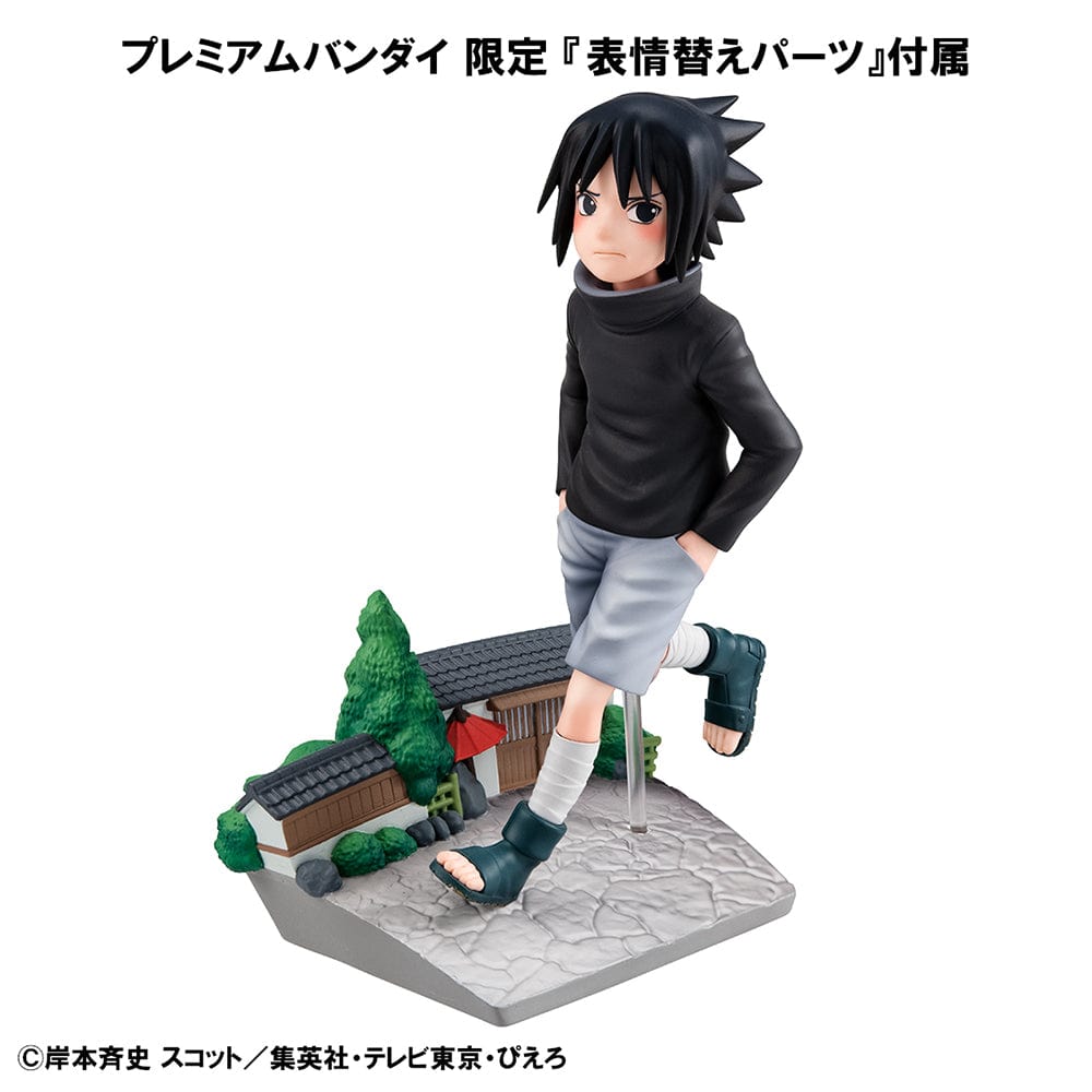 Naruto G.E.M. Series Sasuke Uchiha GO! Figure, featuring Sasuke in a mid-stride pose on a scenic Hidden Leaf Village base, showcasing detailed design and youthful charm.