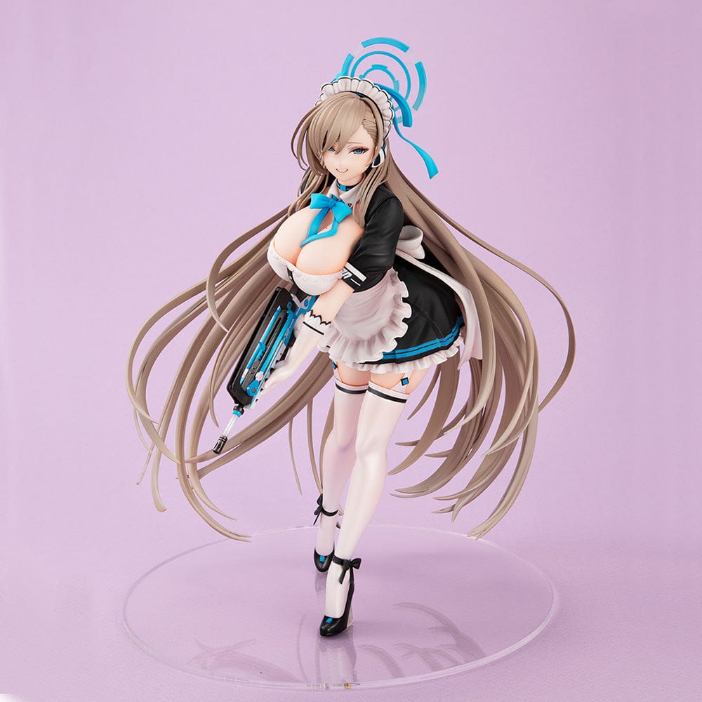 Blue Archive Lucrea Asuna Figure in maid outfit holding weapon, standing with flowing hair and detailed black and white uniform.