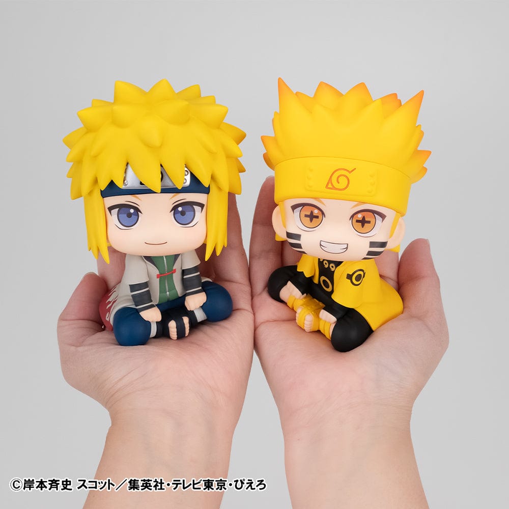 Naruto: Shippuden Look Up Series Naruto Uzumaki Six Paths Sage Mode & Minato Namikaze figure set, featuring chibi-style seated poses with vibrant details and bonus gift included.