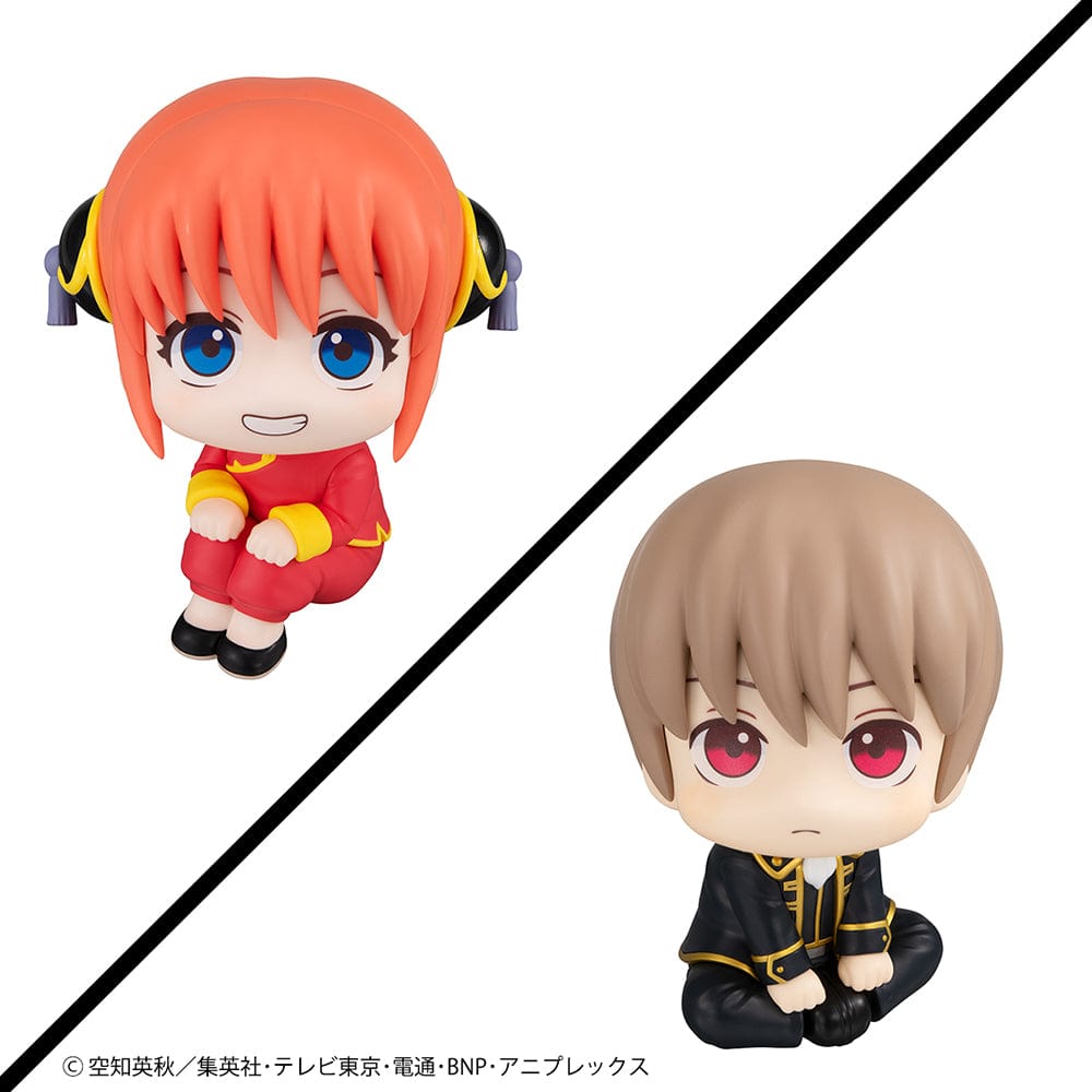 Gintama Look Up Series Kagura & Sougo Okita figure set, featuring chibi-style seated poses with Kagura in her red Chinese outfit and Sougo in his Shinsengumi uniform, plus bonus gift included.