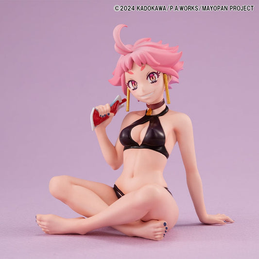 Mayonaka Punch Melty Princess Live (Tenohira) figure wearing a black bikini, seated with a confident expression and holding a drink.