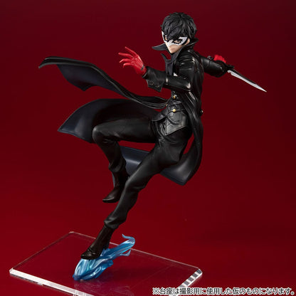 Persona 5 Royal Lucrea Joker (Showtime Edition) figure, featuring Joker in a dynamic pose with a dagger, wearing a black trench coat and mask, on a unique translucent blue base.