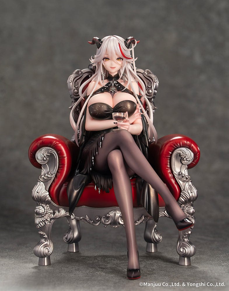 Azur Lane Agir Rose Ceremony Ver. 1/7 Scale Figure seated in an ornate chair holding a glass of wine in a glamorous black dress.