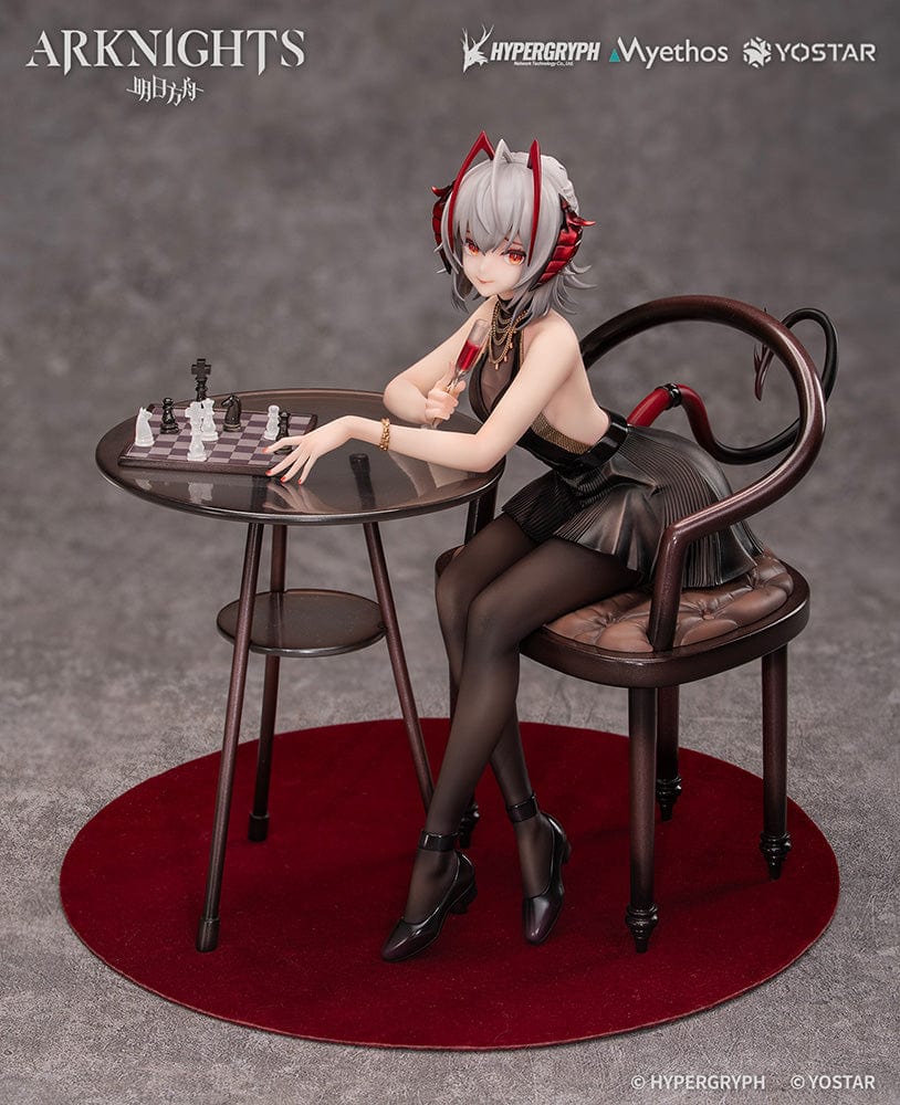 Arknights W Formal Dress Ver. 1/7 Scale Figure seated at a table with a glass of wine and chess set.