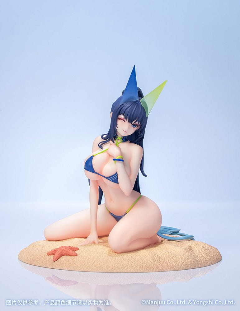 Azur Lane Gift+ New Jersey (Midsummer Leisure Ver.) 1/8 Scale Figure in blue bikini, kneeling on a sandy beach base with starfish.