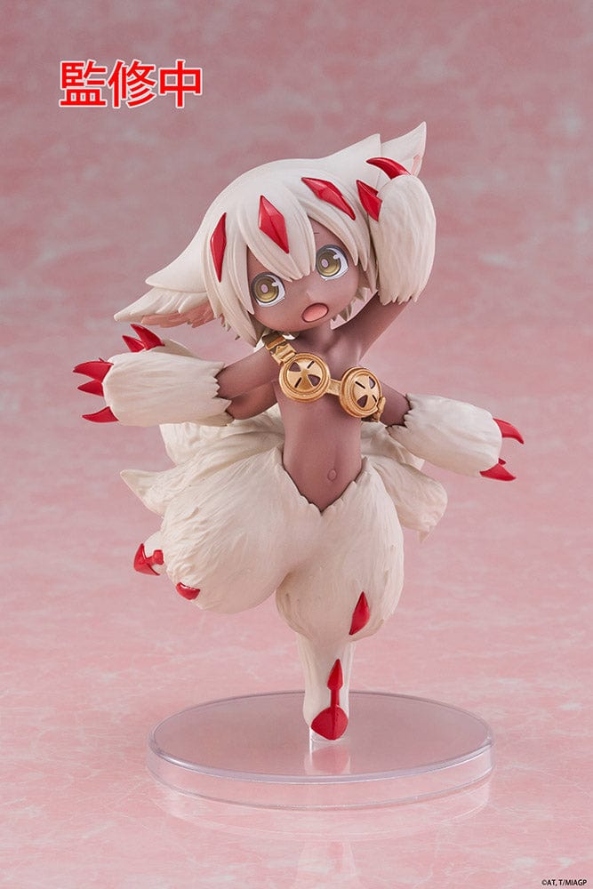 Made in Abyss Faputa Coreful Figure showcasing a dynamic pose with white fur, red markings, golden collar, and playful expression against a pink background.