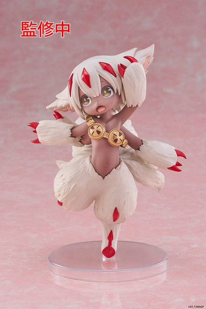 Made in Abyss Faputa Coreful Figure showcasing a dynamic pose with white fur, red markings, golden collar, and playful expression against a pink background.