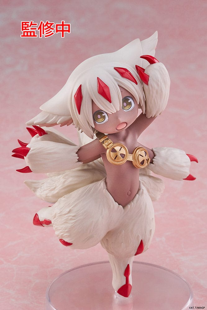 Made in Abyss Faputa Coreful Figure showcasing a dynamic pose with white fur, red markings, golden collar, and playful expression against a pink background.