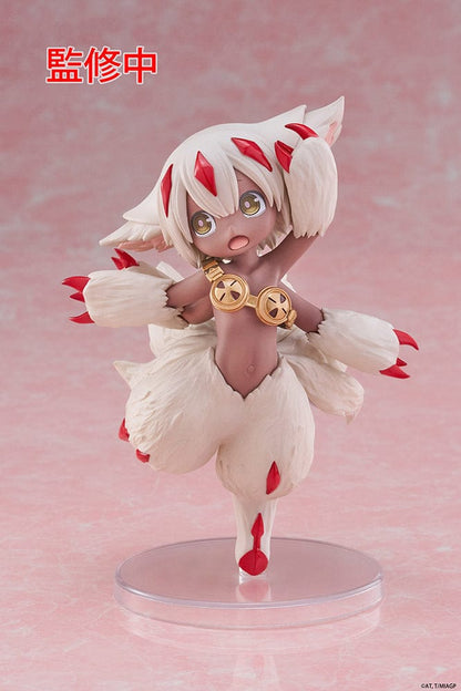 Made in Abyss Faputa Coreful Figure showcasing a dynamic pose with white fur, red markings, golden collar, and playful expression against a pink background.