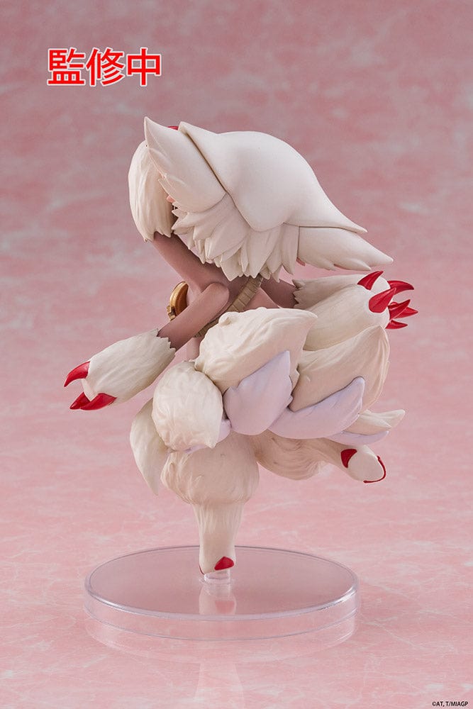 Made in Abyss Faputa Coreful Figure showcasing a dynamic pose with white fur, red markings, golden collar, and playful expression against a pink background.