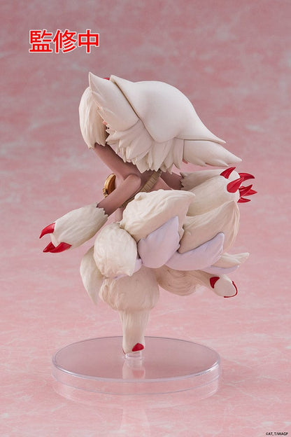 Made in Abyss Faputa Coreful Figure showcasing a dynamic pose with white fur, red markings, golden collar, and playful expression against a pink background.