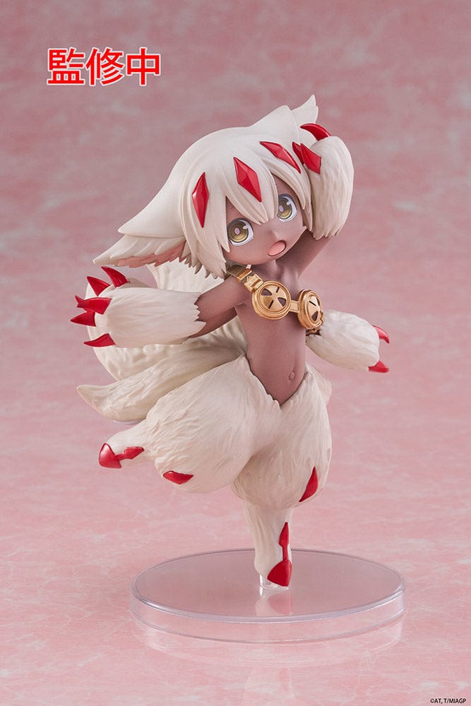 Made in Abyss Faputa Coreful Figure showcasing a dynamic pose with white fur, red markings, golden collar, and playful expression against a pink background.