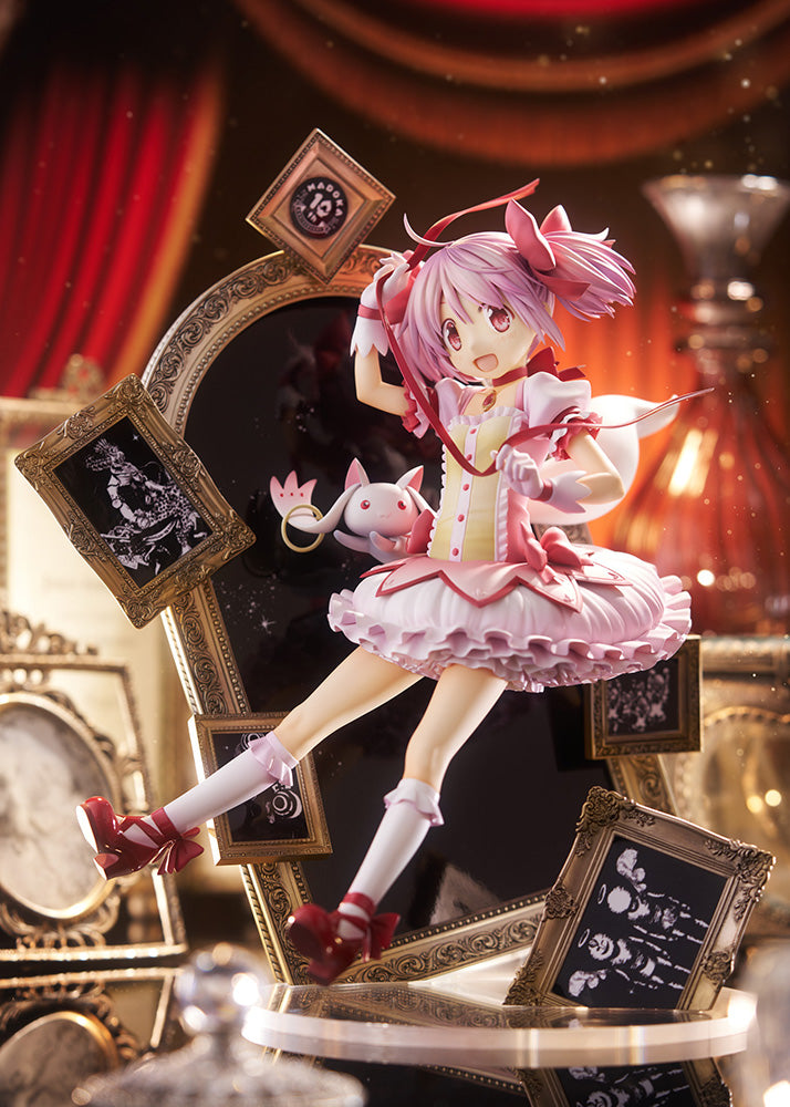 Puella Magi Madoka Magica 10th Anniversary Madoka Kaname 1/7 Scale Figure featuring Madoka in her classic magical girl outfit, surrounded by intricate frames and whimsical base, perfect for fans and collectors.