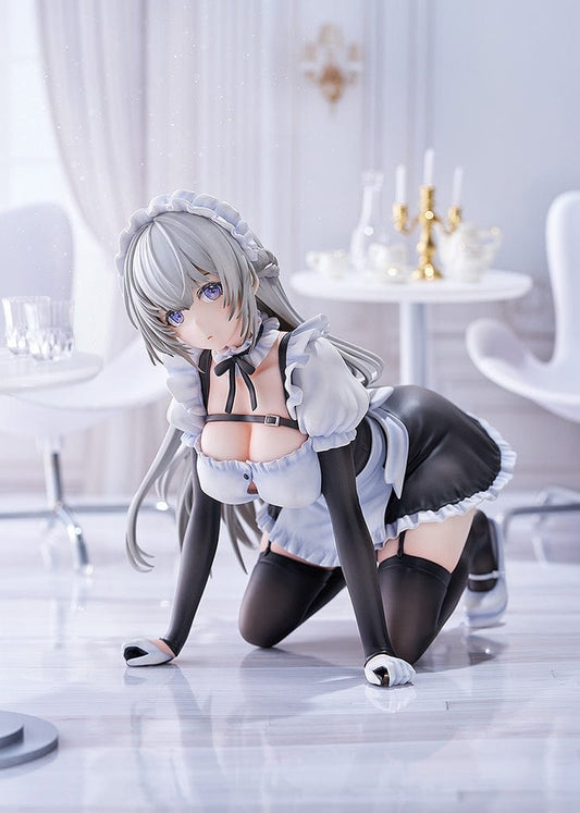 The 'Haori Io Illustration Maid Maison Shiraishi Too 1/6 Scale Figure' showcases Shiraishi in a kneeling pose, dressed in a revealing maid outfit with gray and black tones, complemented by her silver hair and captivating blue eyes, set against a simple backdrop to emphasize her figure.