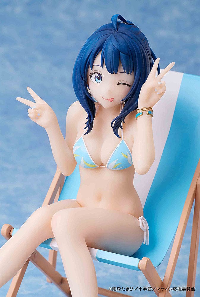 Makeine: Too Many Losing Heroines! Anna Yanami figure in a blue bikini, seated on a beach lounge chair, winking and making a peace sign.